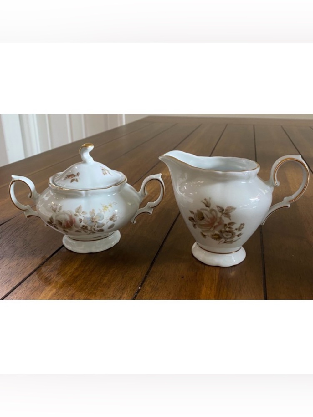 Vintage Floral Porcelain Creamer and Sugar Set - White with Gold Accents
